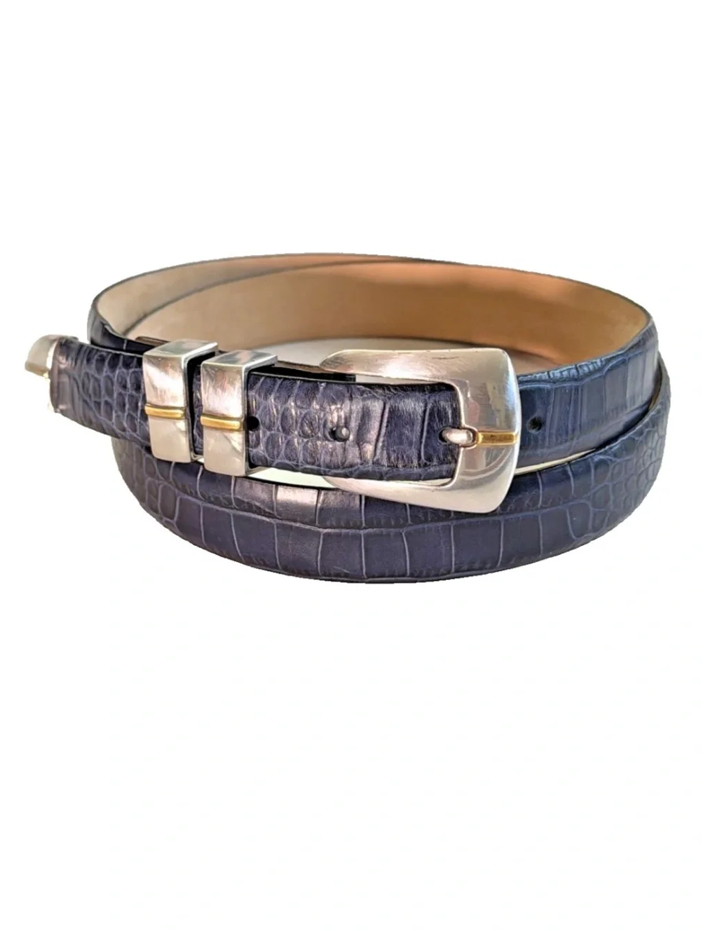 Genuine Italian Calfskin Belt 44 Blue Croc Embossed Leather Silver Tip Western